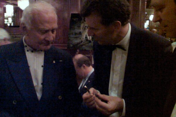 AT 002 Apollo 11 Astronaut Buzz Aldrin, Richard and Rob, London, 2007 - Richard asking Buzz which type of pen he used to activate the ascent engine on The LM